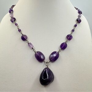 Sterling Silver Amethyst Gemstone Necklace with Faceted Beads & Drop Pendant